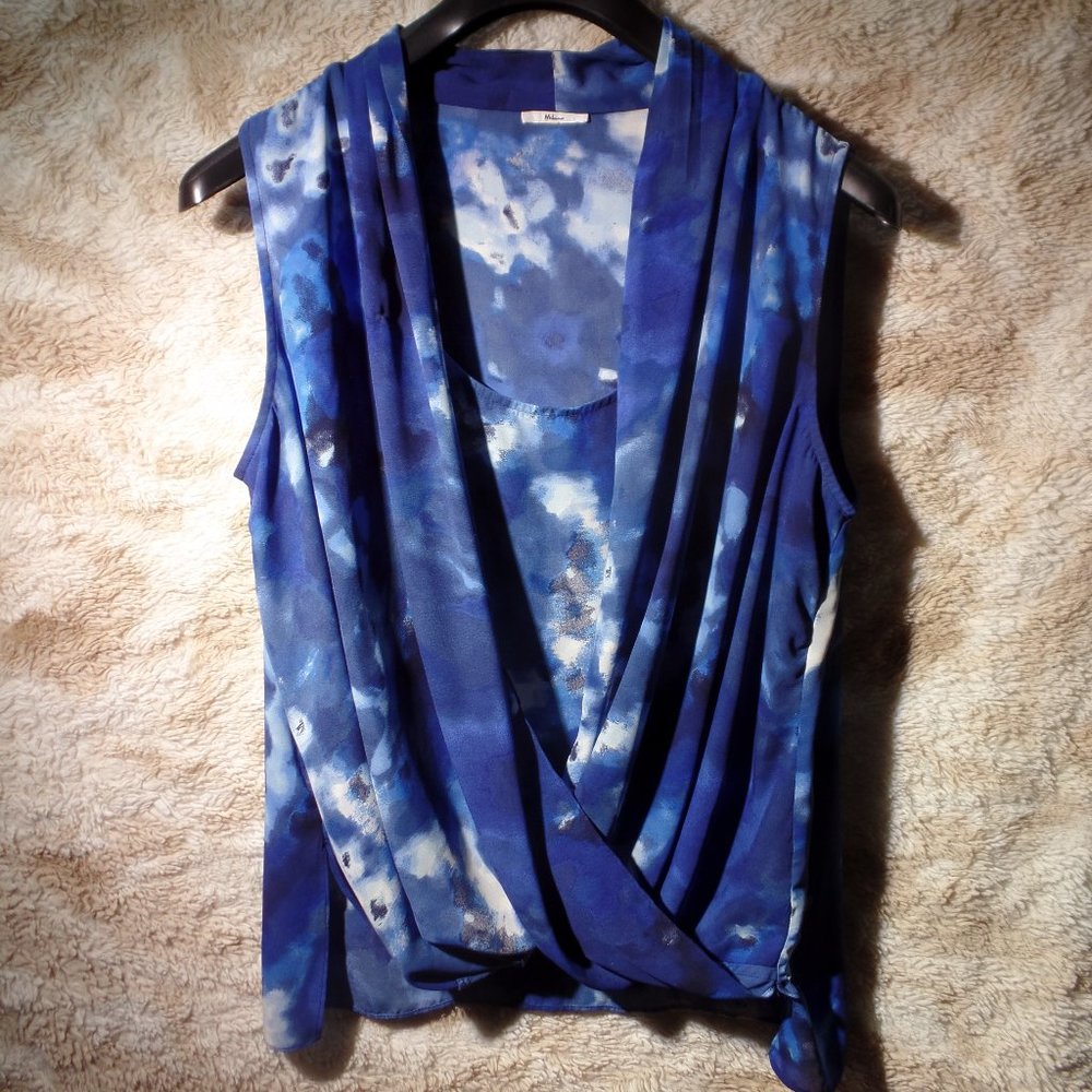 Milano blue floral cowl neck lined/layered crossover longline blouse XL